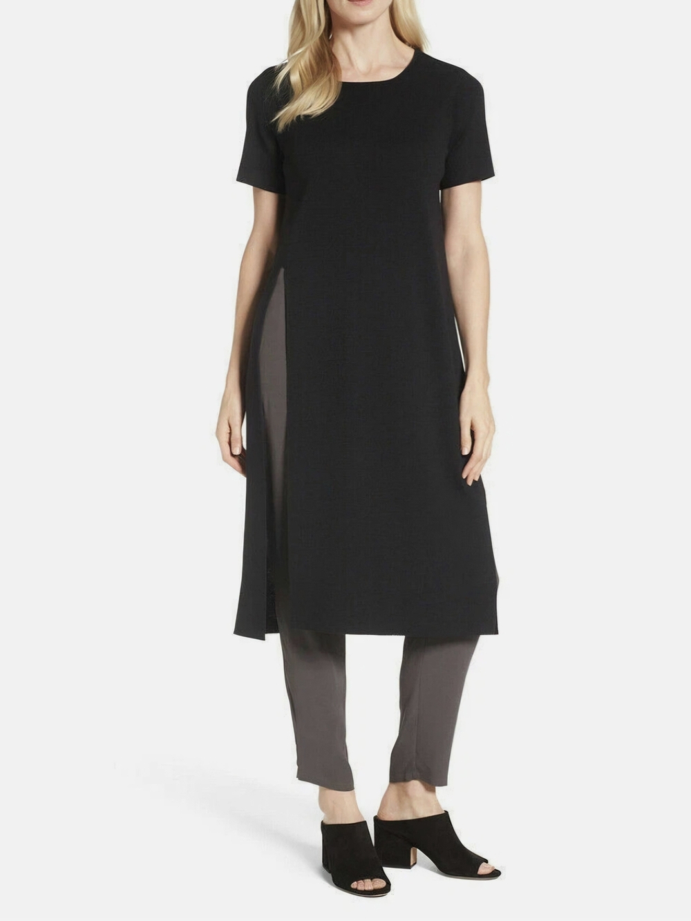Eileen Fisher Wool SS Long Assymetrical Deep Splits Tunic Top Black - M